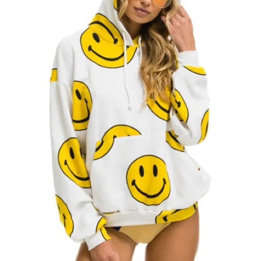 Aviator Nation White and Yellow Smiley Hoodie. Size Medium. Great Condition.